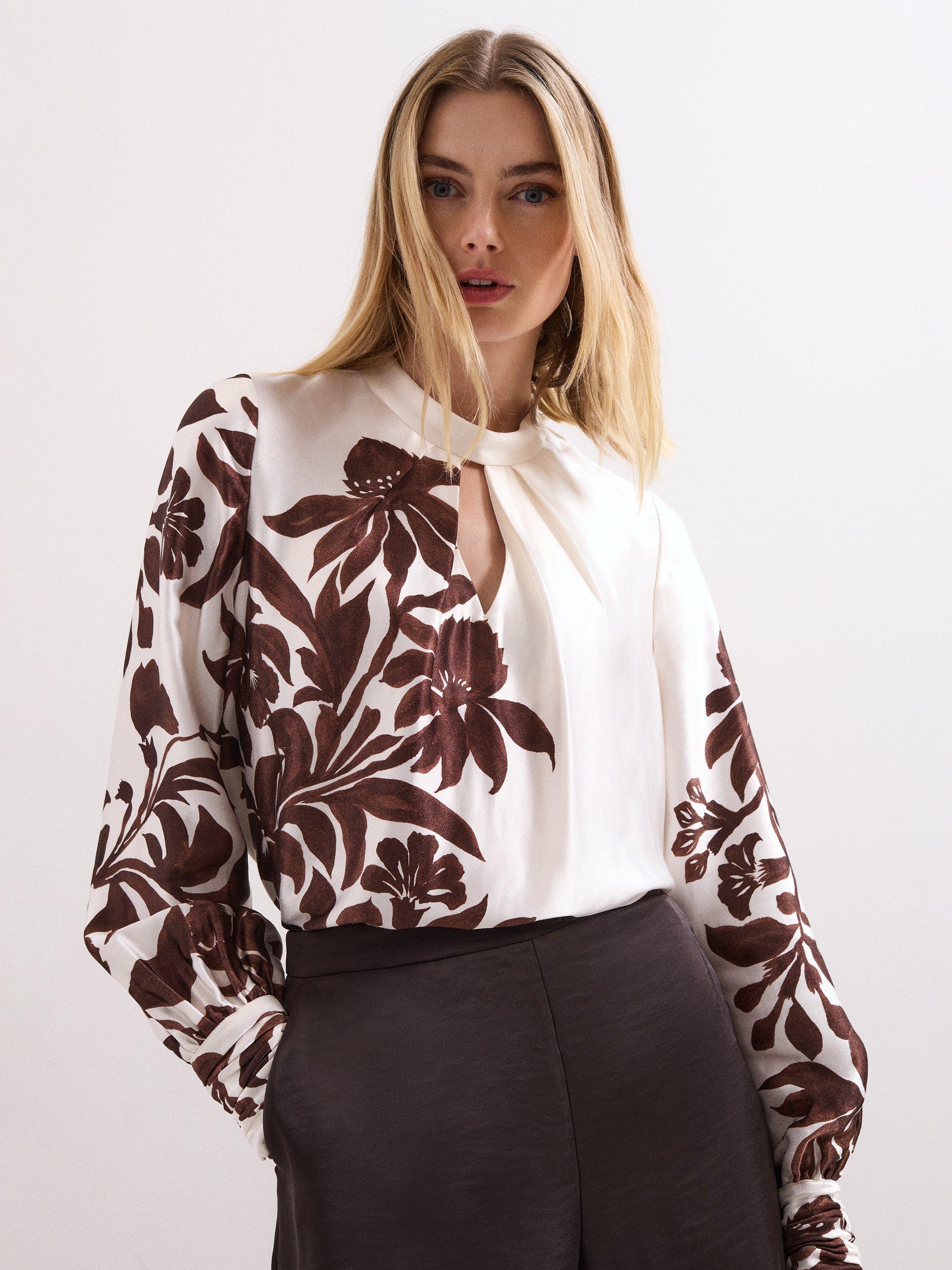 Product image 1 of 9, which shows Phase Eight Hattie Floral Satin Blouse, Brown/White, 8