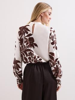 Phase Eight Hattie Floral Satin Blouse, Brown/White - view 2, Brown/White