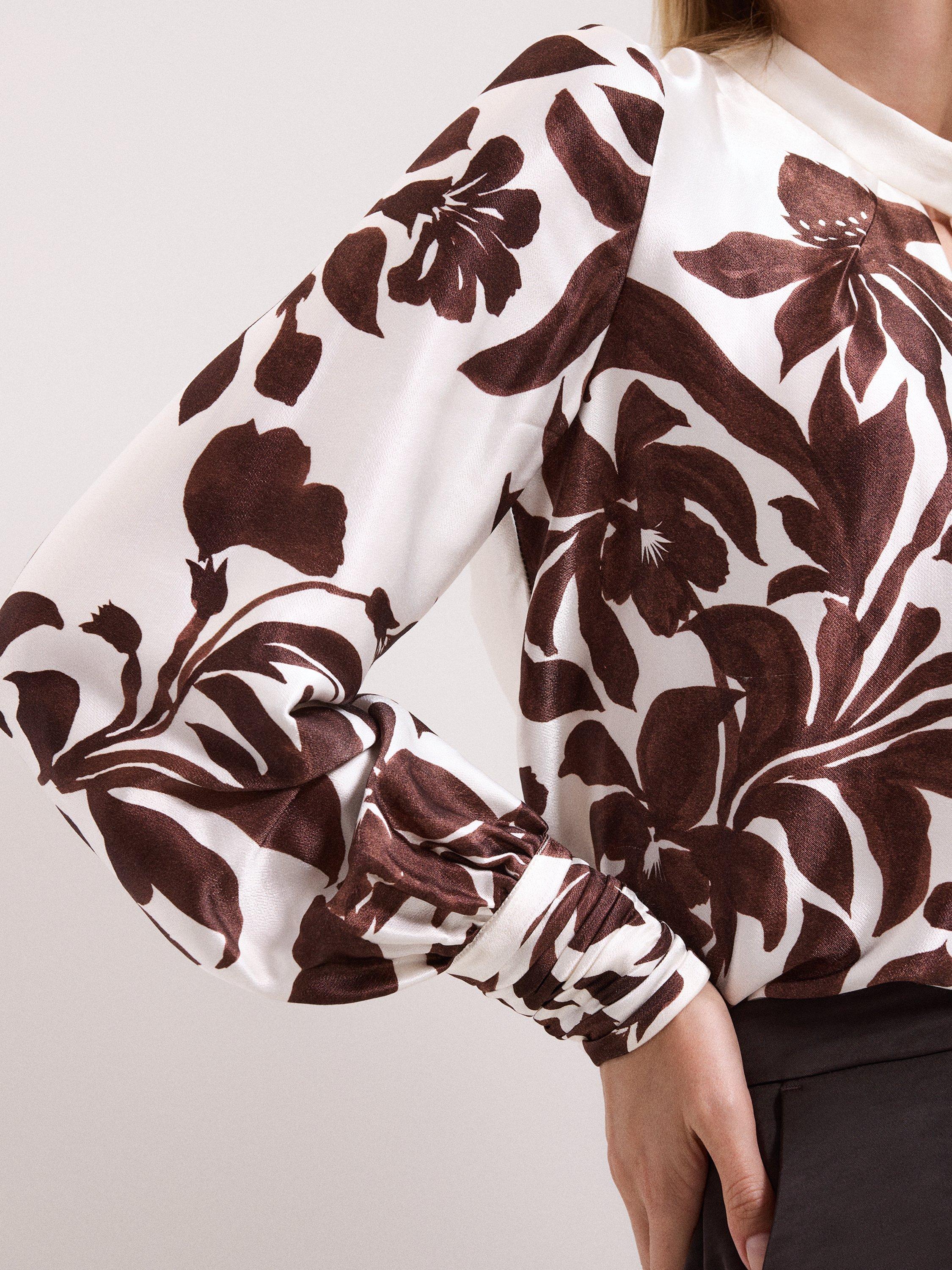 Product image 7 of 9, which shows Phase Eight Hattie Floral Satin Blouse, Brown/White, 8