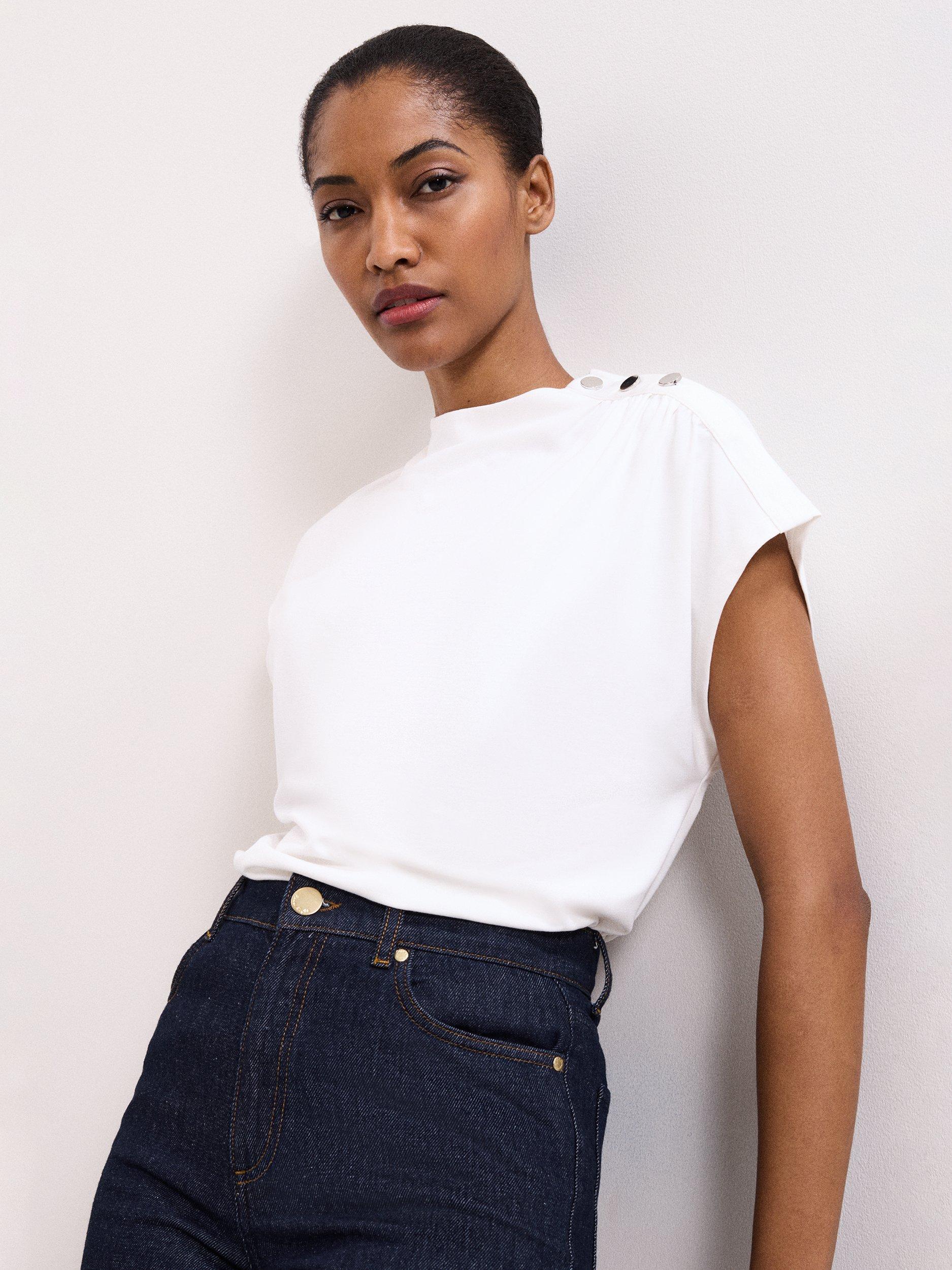 Product image 1 of 7, which shows Phase Eight Paige Button Shoulder Ponte Top, Ivory, 8