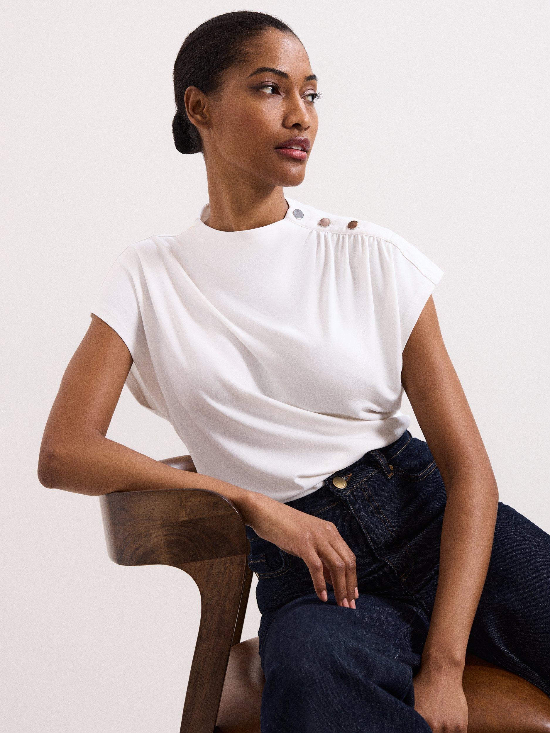 Product image 4 of 7, which shows Phase Eight Paige Button Shoulder Ponte Top, Ivory, 8