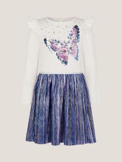 Monsoon Kids' Long Sleeved Sequin Butterfly Disco Dress, Blue - view 2, Blue