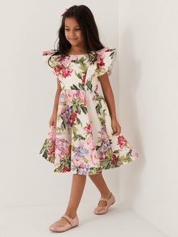 Monsoon Kids' Floral Scuba Frill Dress, Ivory, Ivory