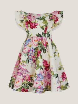 Monsoon Kids' Floral Scuba Frill Dress, Ivory - view 2, Ivory