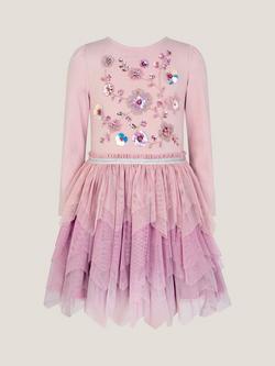 Monsoon Kids' Tulle Floral Disco Dress, Purple - view 2, Purple