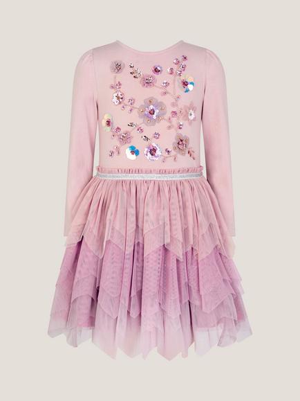 Monsoon Kids' Tulle Floral Disco Dress, Purple - view 2, Purple