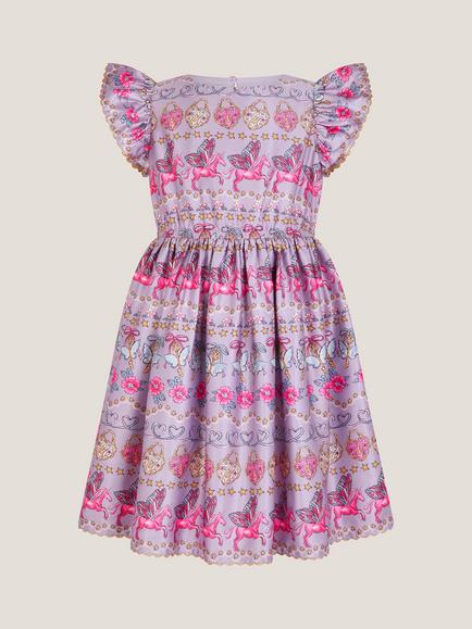 Monsoon Kids' Magical Satin Unicorn Print Dress, Purple - view 2, Purple