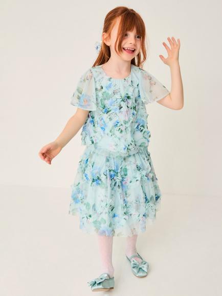 Monsoon Kids' Roma Floral Print Ruffle Top & Skirt Set, Blue/Multi, Blue/Multi