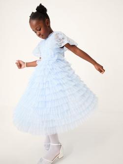 Monsoon Kids' Shikha Floral Embellished Tiered Ruffle Dress, Pale Blue, Pale Blue