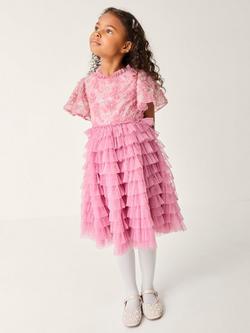 Monsoon Kids' Shikha Floral Embellished Tiered Ruffle Dress, Dusky Pink, Dusky Pink