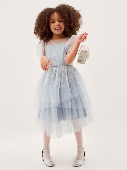 Monsoon Kids' Sequin Puff Sleeve Tiered Party Dress, Blue, Blue