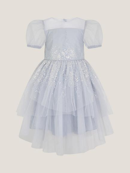Monsoon Kids' Sequin Puff Sleeve Tiered Party Dress, Blue - view 2, Blue
