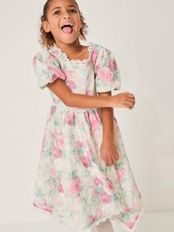 Monsoon Kids' Viola Rose Print Broderie Trim Dress, White/Multi, White/Multi