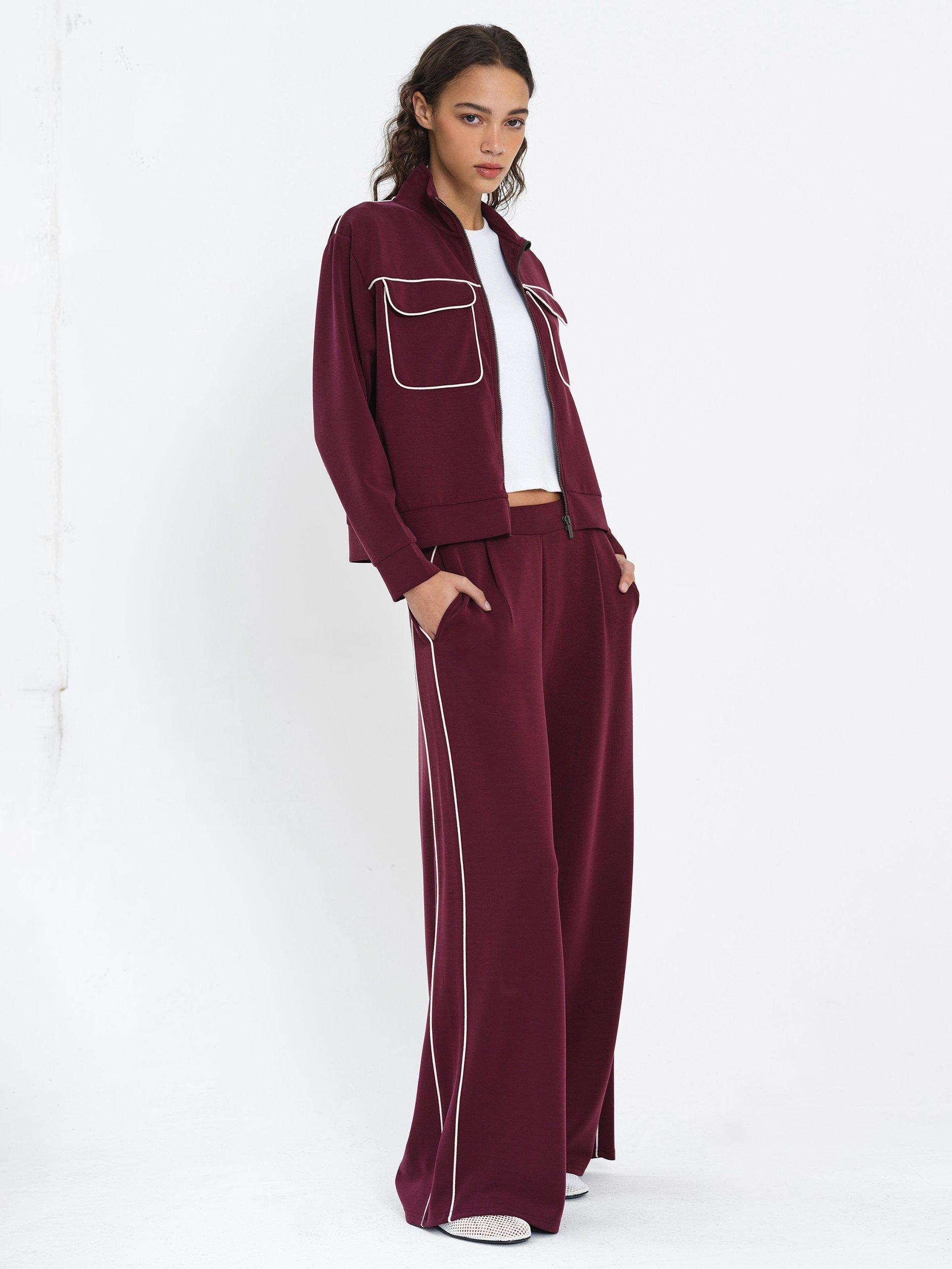 Product image 1 of 5, which shows French Connection Wren Zip Up Top, Berry Red/Porcelain, XS