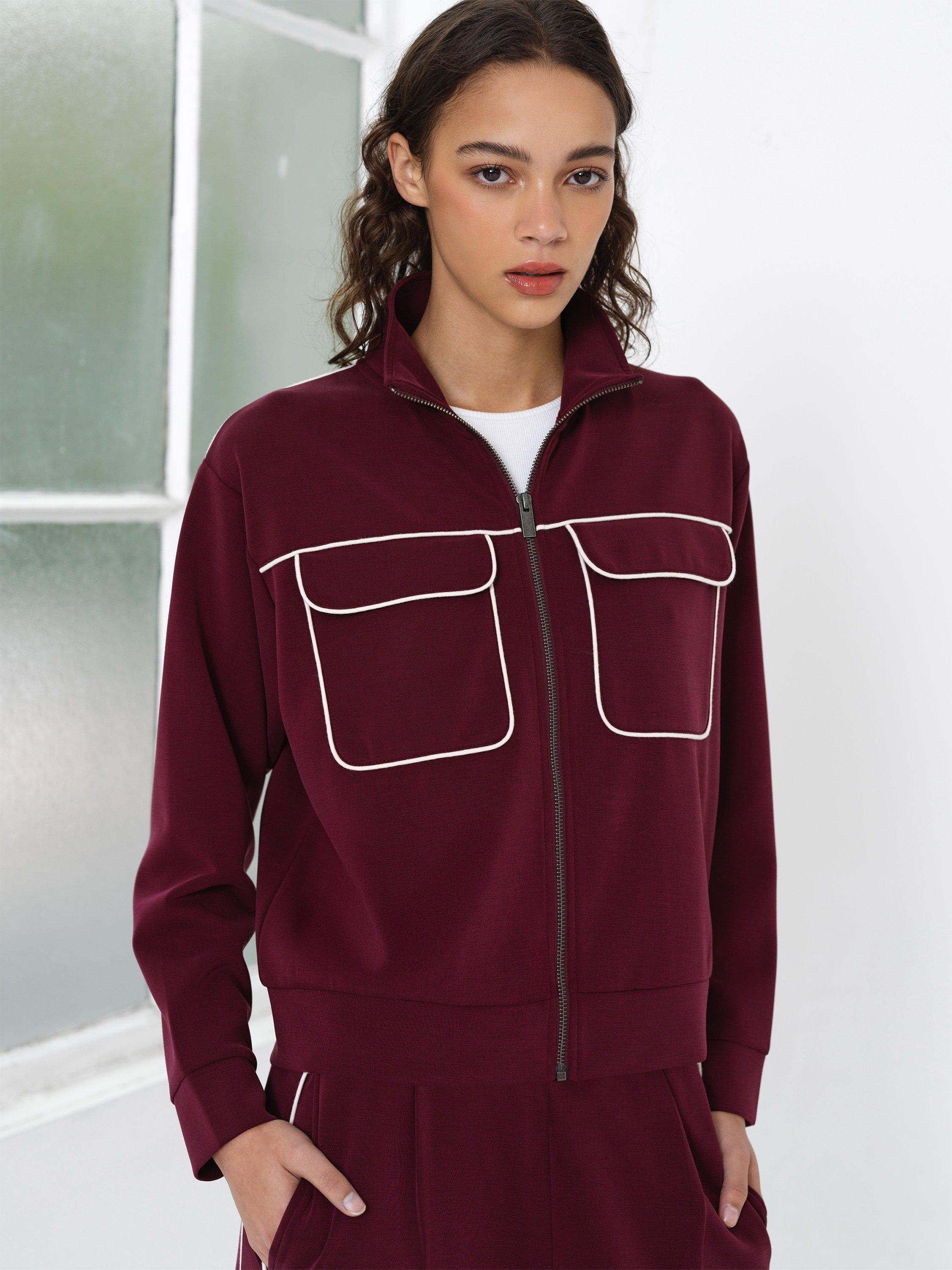 Product image 3 of 5, which shows French Connection Wren Zip Up Top, Berry Red/Porcelain, XS