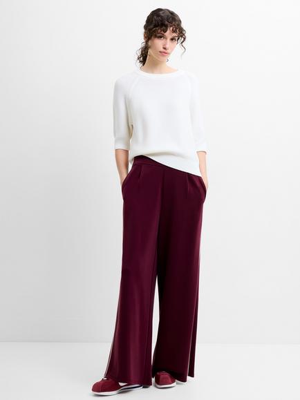 French Connection Wren Side Stripe Wide Leg Trousers, Berry Red/Porcelain, Berry Red/Porcelain