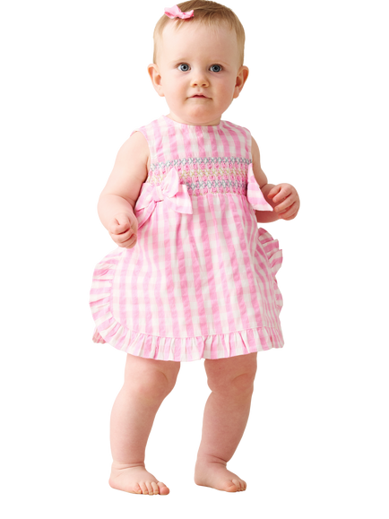 Angel & Rocket Baby Cotton Sleeveless Gingham Frill Dress, Pink - view 2, Pink