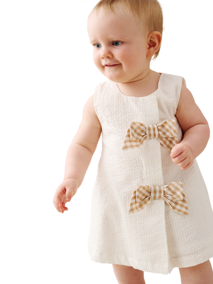 Angel & Rocket Kids' Seersucker Gingham Bow Dress and Bloomer, Beige, Beige