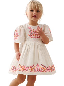 Angel & Rocket Baby Cotton Short Sleeved Embroidered Swing Dress, Natural, Natural
