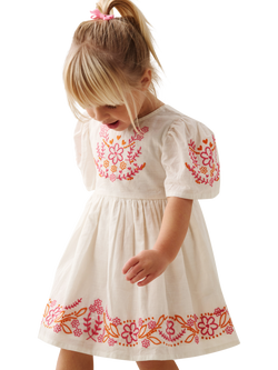 Angel & Rocket Baby Cotton Short Sleeved Embroidered Swing Dress, Natural - view 2, Natural