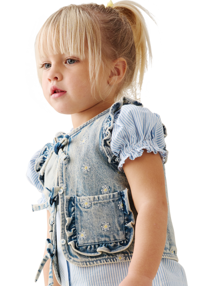 Angel & Rocket Baby Embroidered Denim Gilet, Blue - view 2, Blue