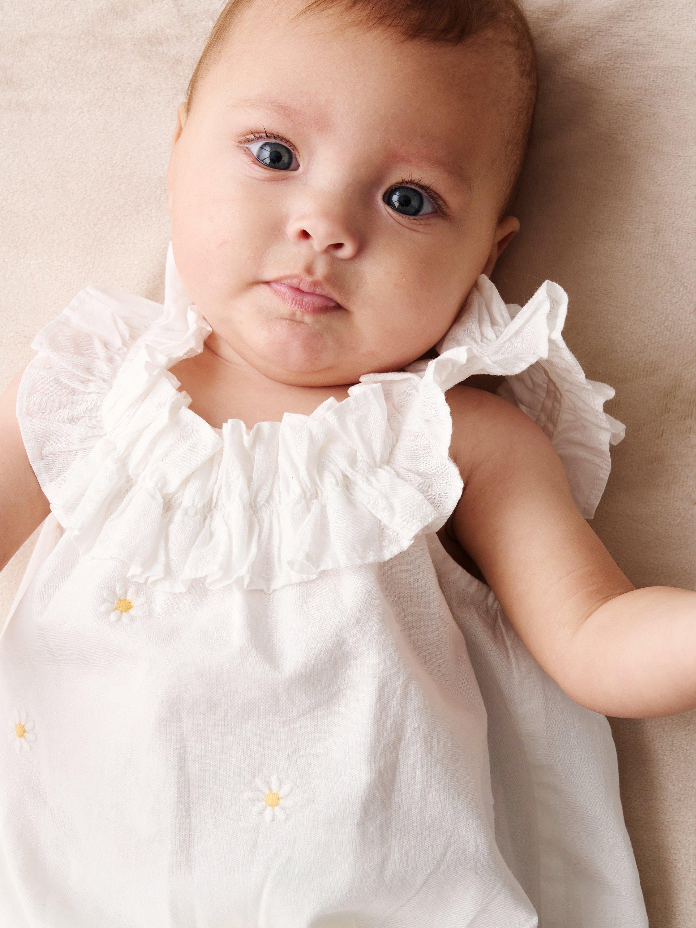 Product image 2 of 3, which shows Angel & Rocket Baby Cotton Daisy Frill Romper, White, 0-3 months