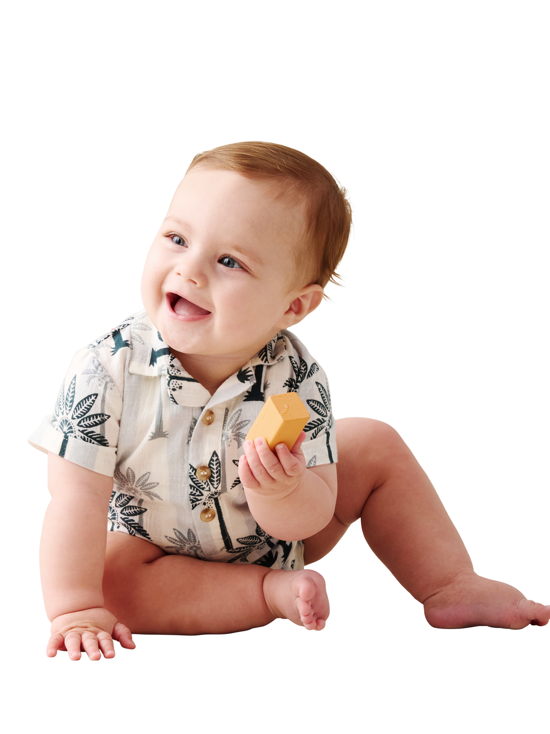 Product image 1 of 5, which shows Angel & Rocket Baby Cotton Palm Print Romper, Blue, 0-3 months