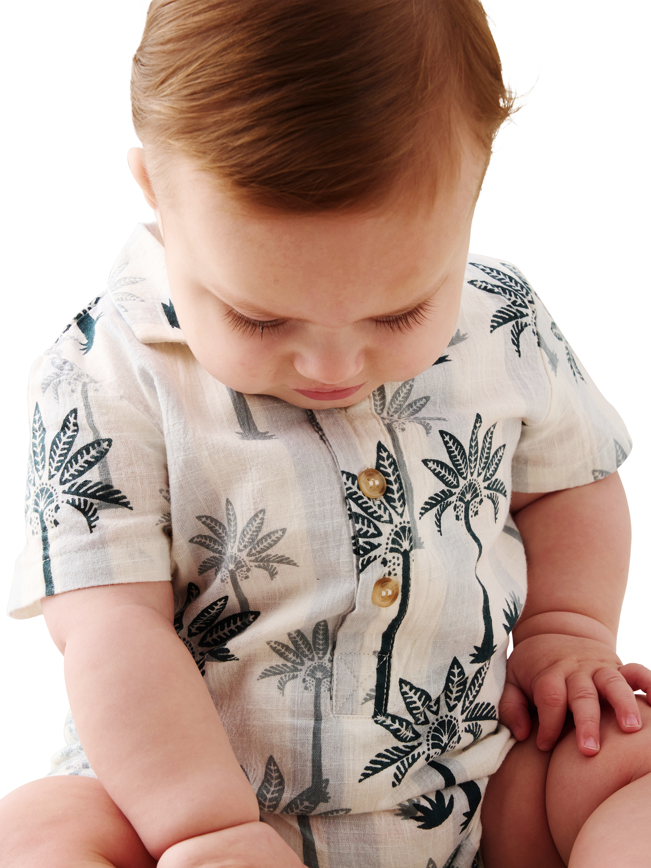 Product image 2 of 5, which shows Angel & Rocket Baby Cotton Palm Print Romper, Blue, 0-3 months