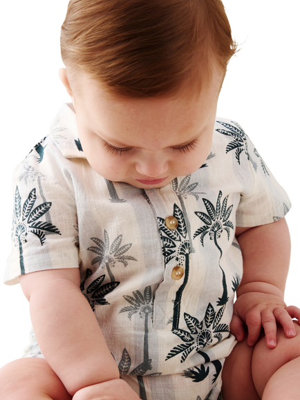 Angel & Rocket Baby Cotton Palm Print Romper, Blue - view 2, Blue