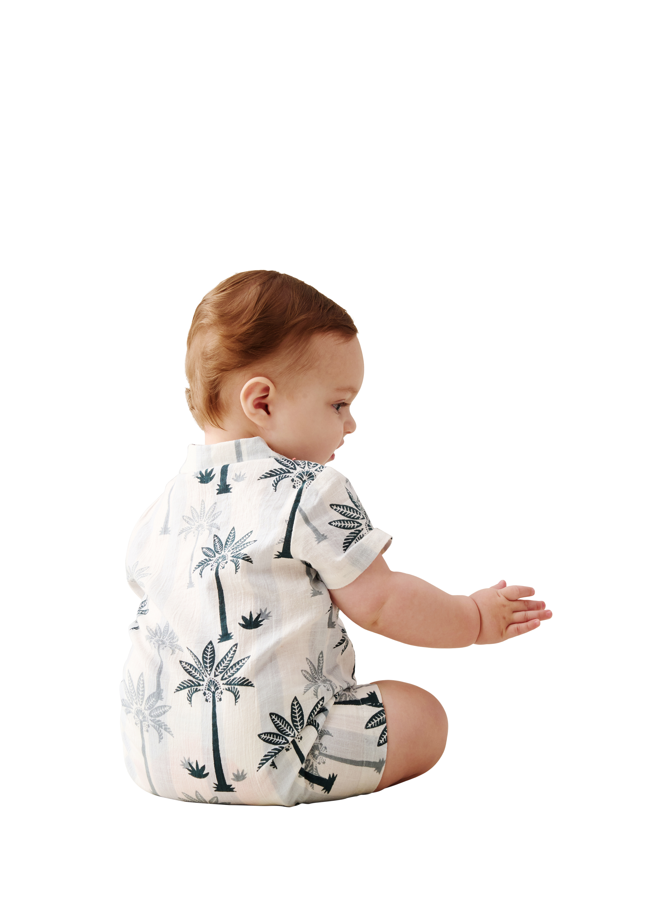 Product image 3 of 5, which shows Angel & Rocket Baby Cotton Palm Print Romper, Blue, 0-3 months