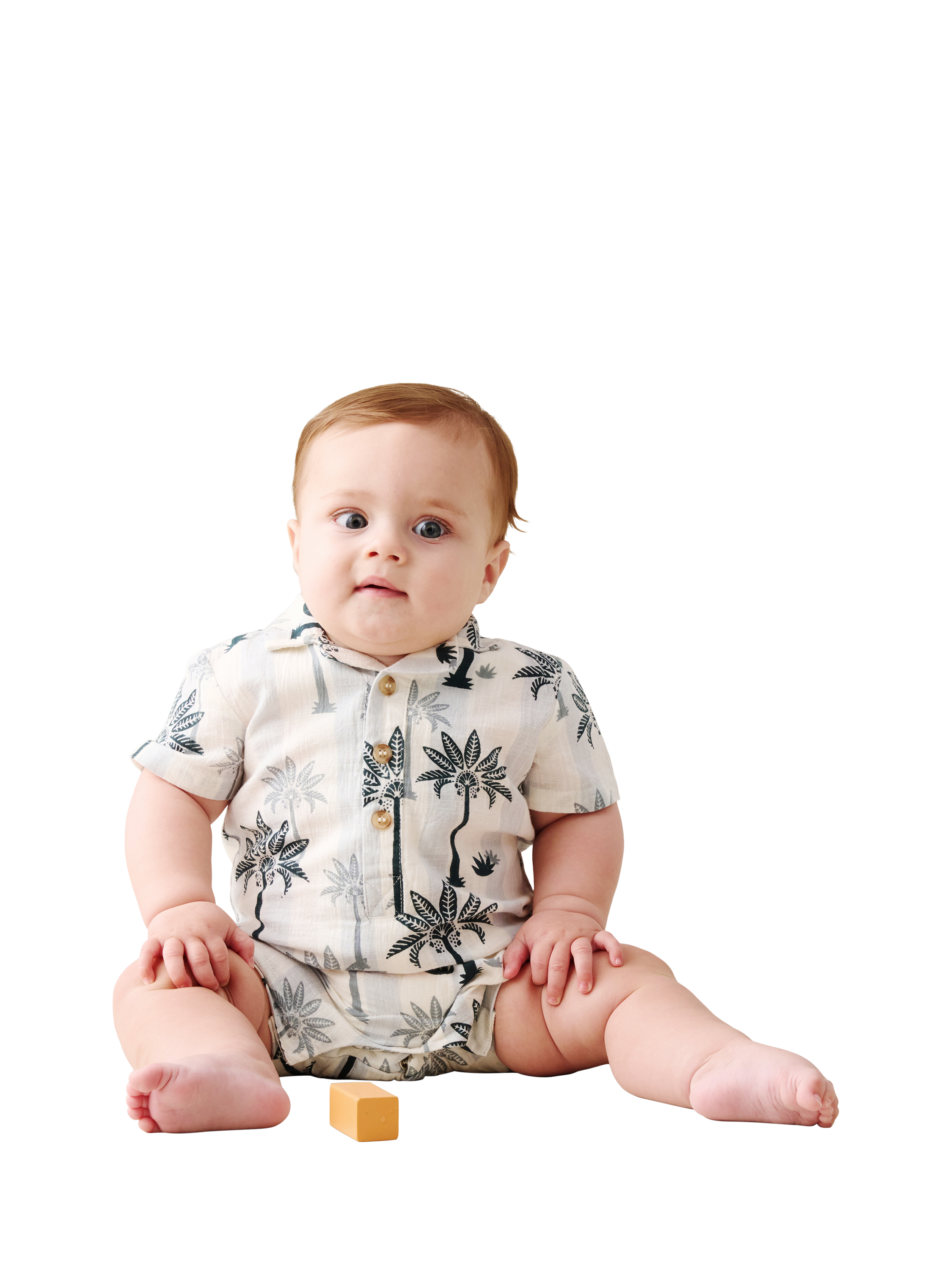 Product image 4 of 5, which shows Angel & Rocket Baby Cotton Palm Print Romper, Blue, 0-3 months