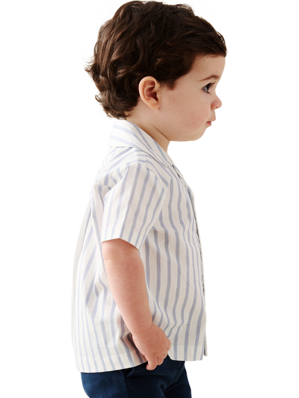 Angel & Rocket Baby Cotton Short Sleeved Cut and Sew Stripe Shirt, Blue - view 2, Blue