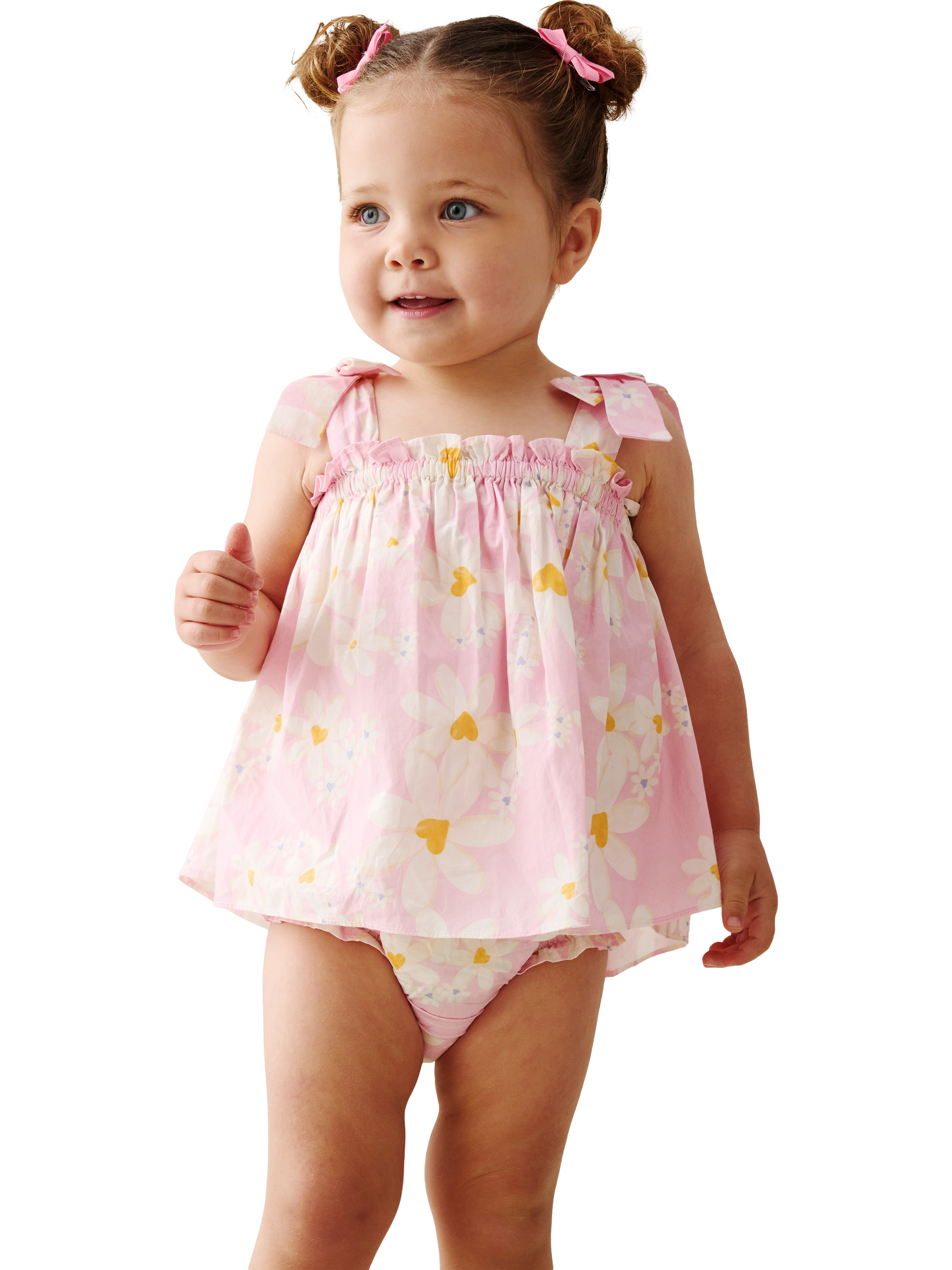Product image 1 of 5, which shows Angel & Rocket Baby Cotton Daisy Tunic and Bloomer Set, Pink, 0-3 months