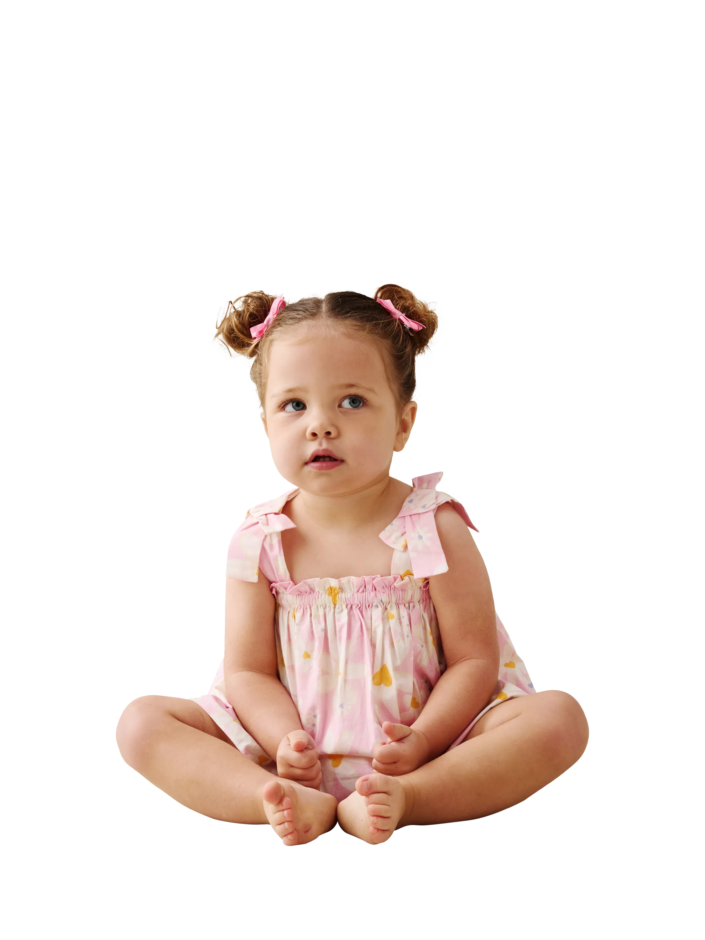 young girl sat down wearing a pink summer dress