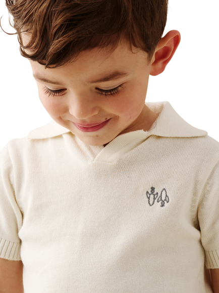 Angel & Rocket Baby Knitted Cotton Short Sleeved Polo Shirt, Cream - view 2, Cream