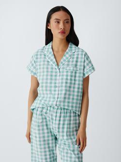 John Lewis Gingham Button Down Cropped Pyjama Set, Tidepool, Tidepool