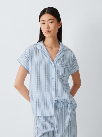John Lewis Floral Jacquard Cropped Pyjama Set, Blue, Blue