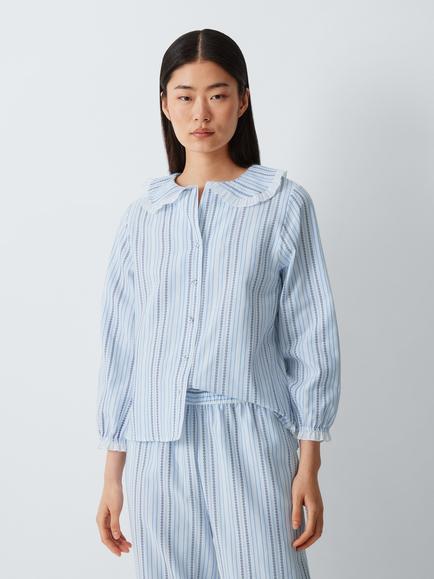 John Lewis Floral Jacquard Button Down Long Pyjama Set, Blue, Blue