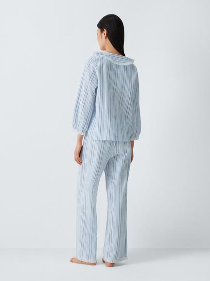John Lewis Floral Jacquard Button Down Long Pyjama Set, Blue - view 2, Blue