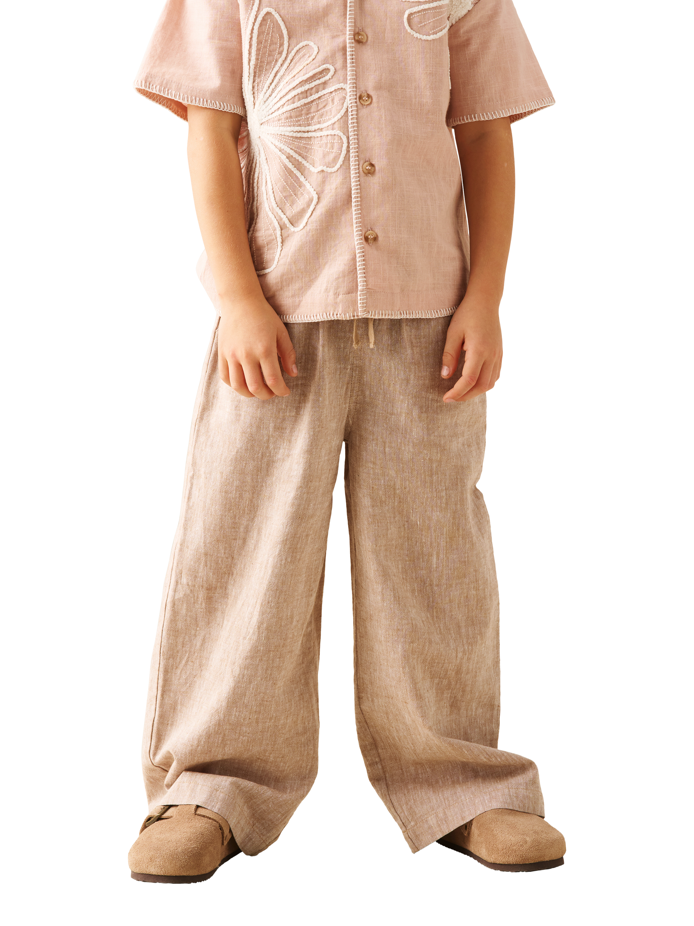 Product image 1 of 6, which shows Angel & Rocket Kids' Cotton Wide Leg Drawstring Trousers, Brown, 3 years