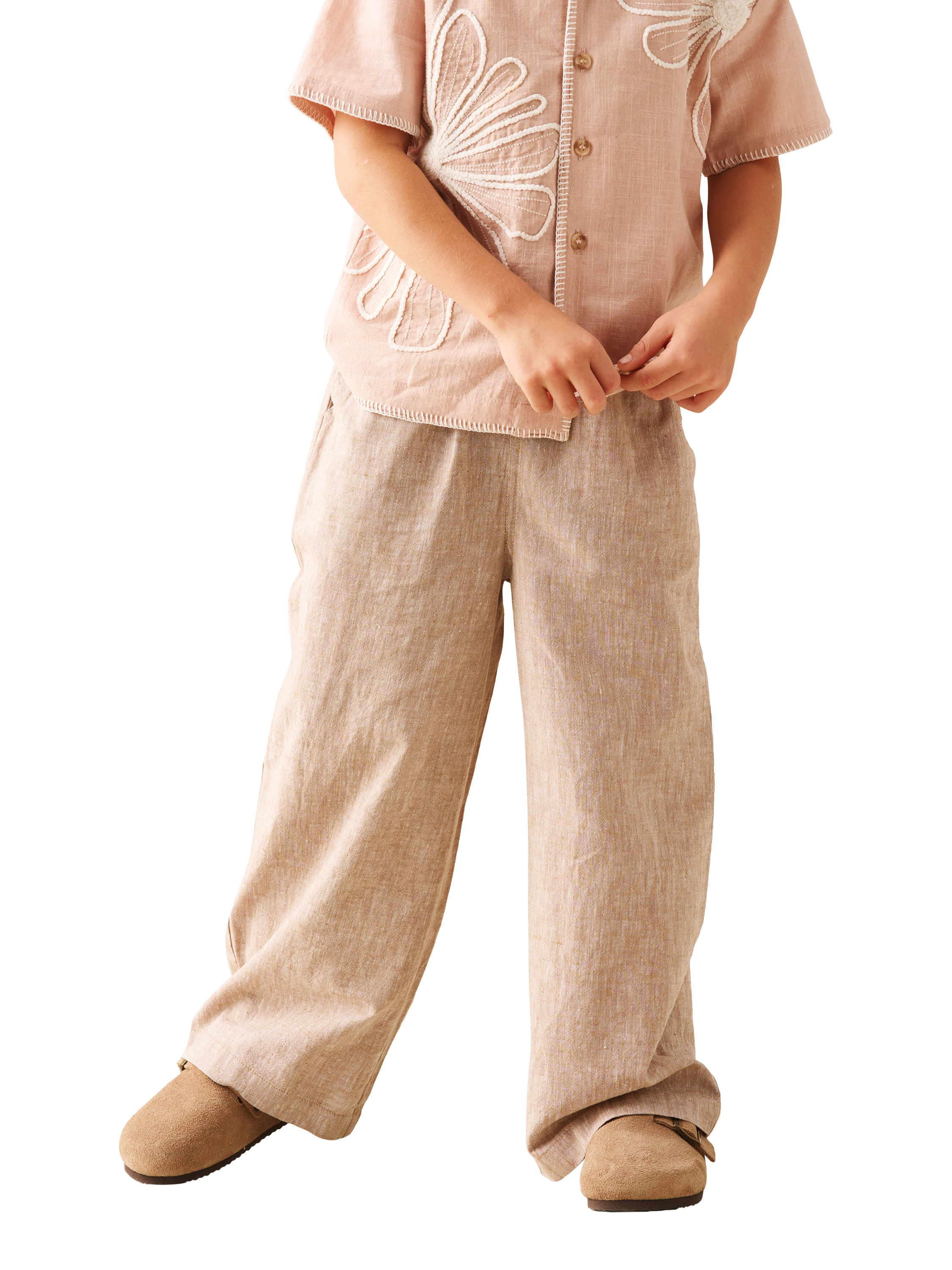 Product image 2 of 6, which shows Angel & Rocket Kids' Cotton Wide Leg Drawstring Trousers, Brown, 3 years