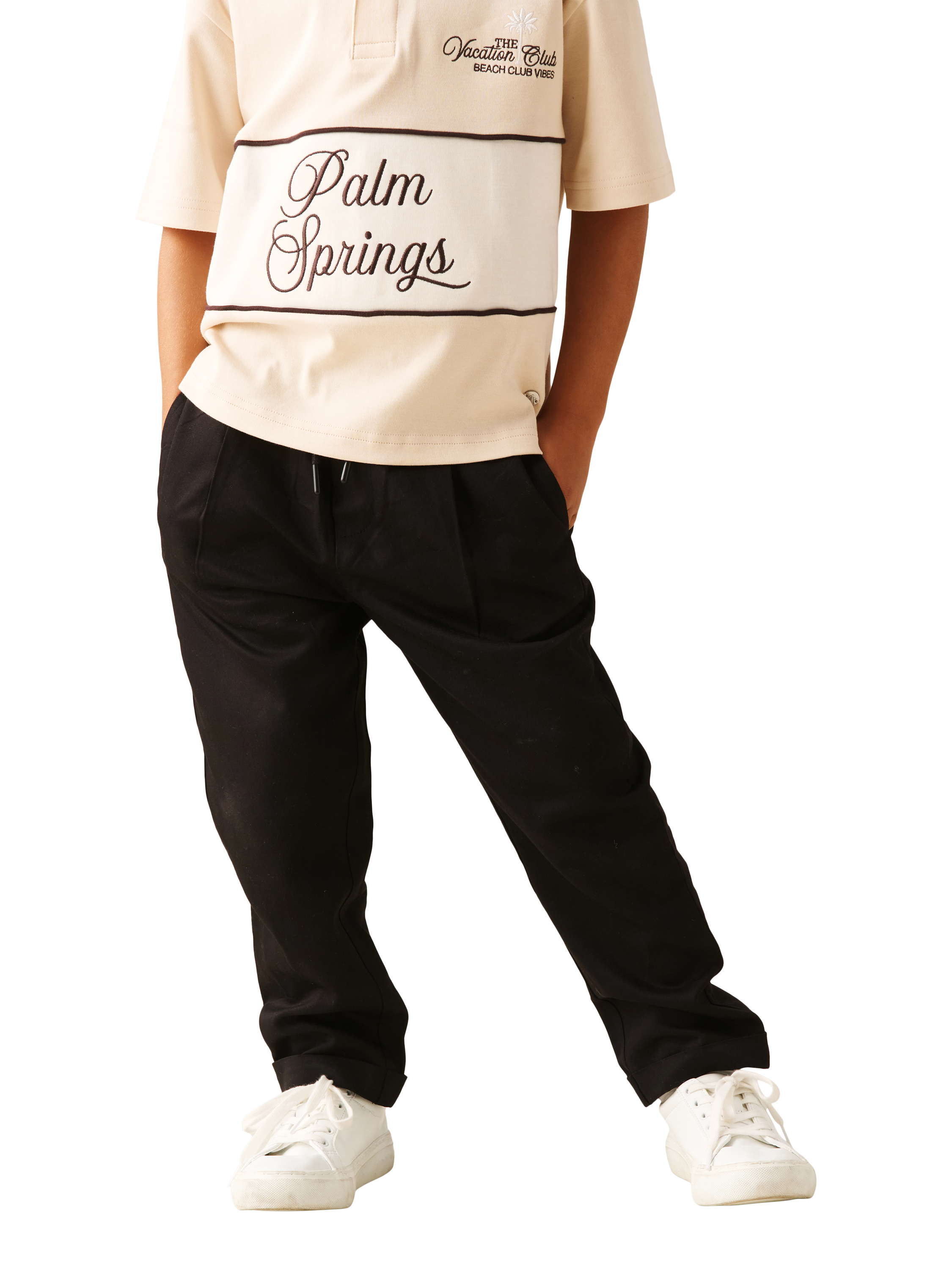 Product image 1 of 6, which shows Angel & Rocket Kids' Alex Elasticated Tapered Trousers, Black, 2 years