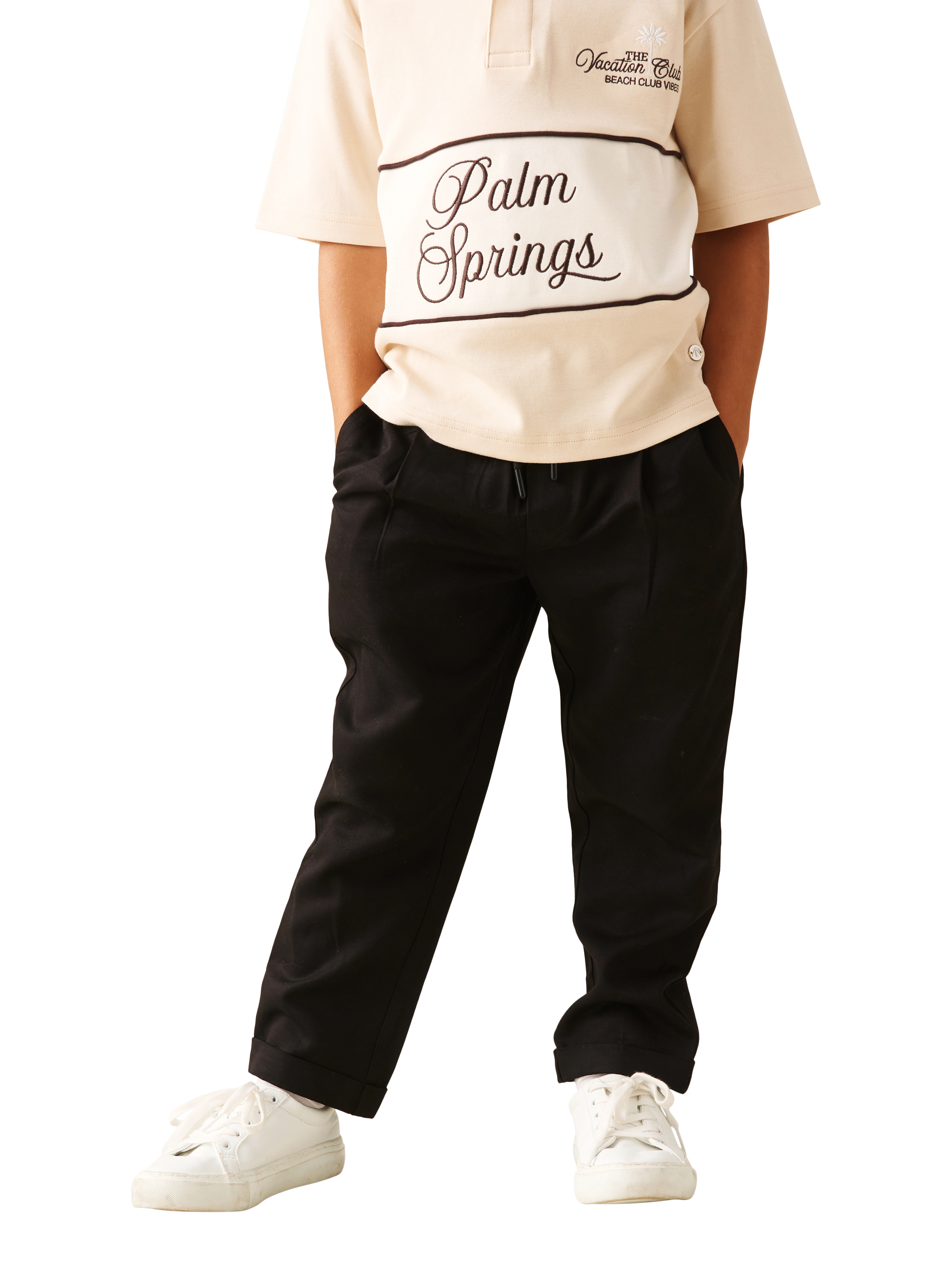 Product image 3 of 6, which shows Angel & Rocket Kids' Alex Elasticated Tapered Trousers, Black, 2 years