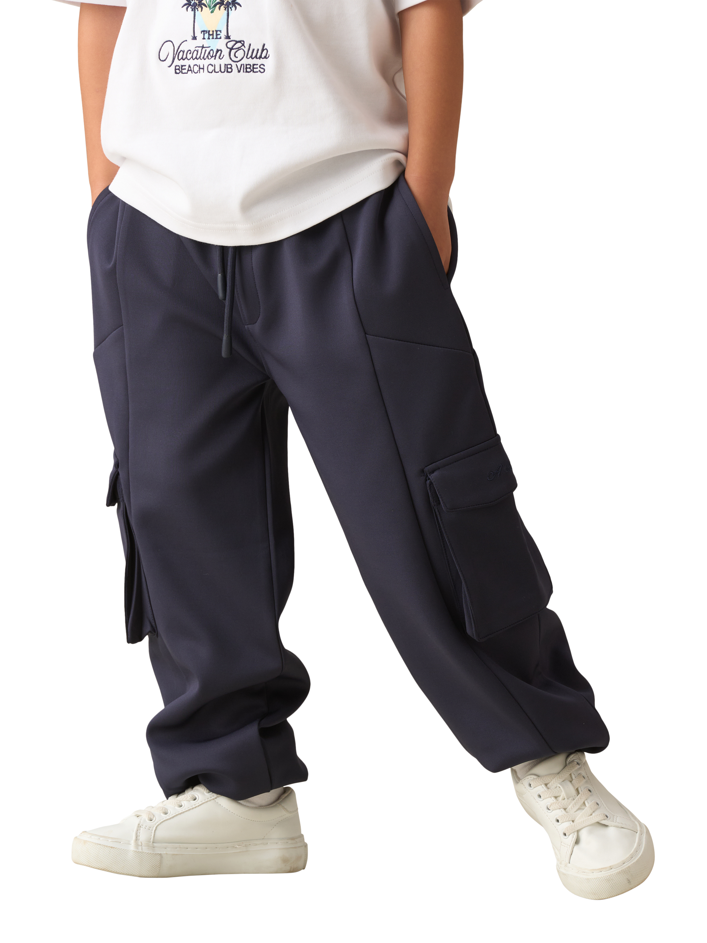 Product image 1 of 7, which shows Angel & Rocket Kids' Panelled Drawstring Joggers, Navy, 3 years