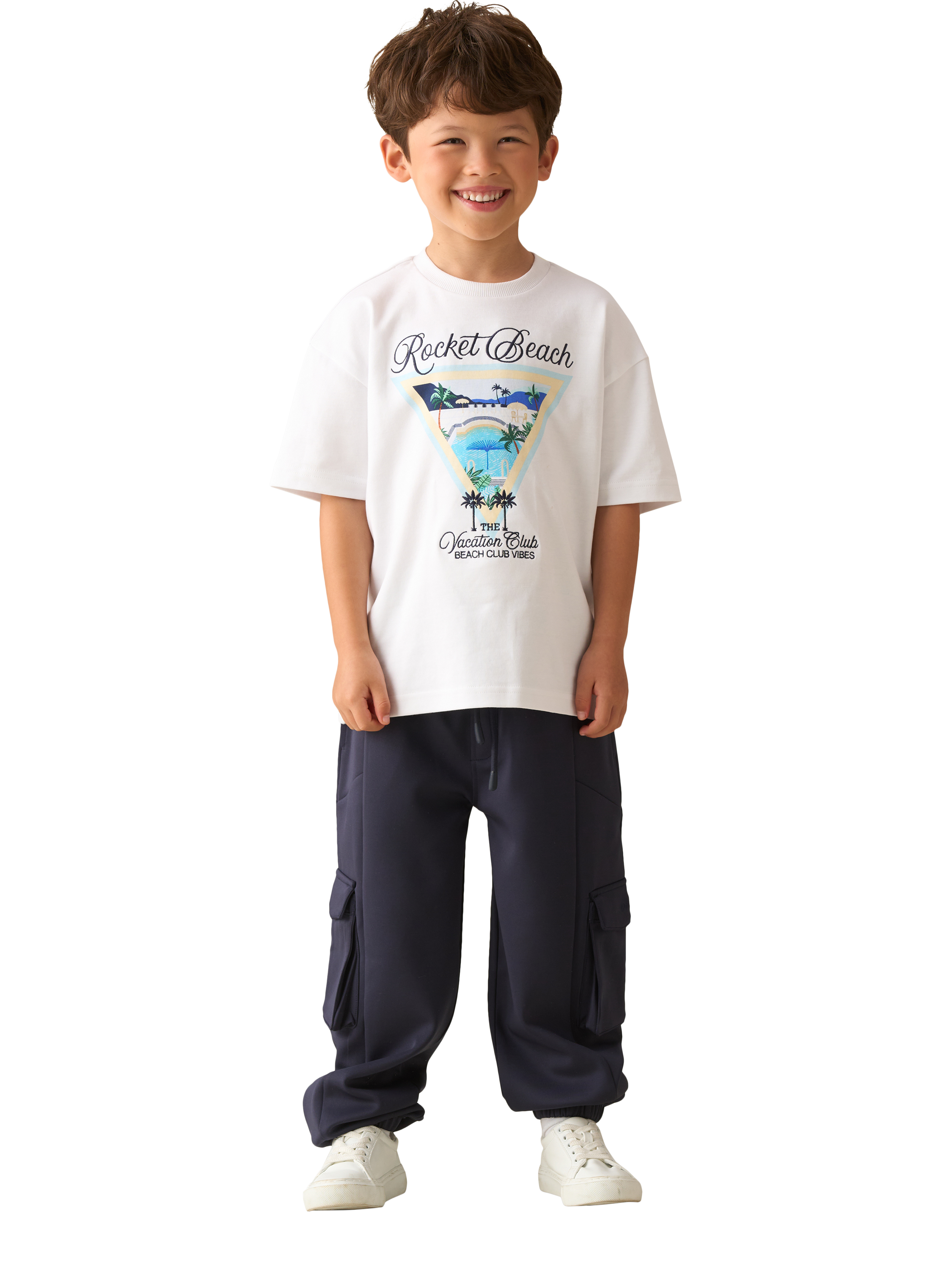 Product image 3 of 7, which shows Angel & Rocket Kids' Panelled Drawstring Joggers, Navy, 3 years