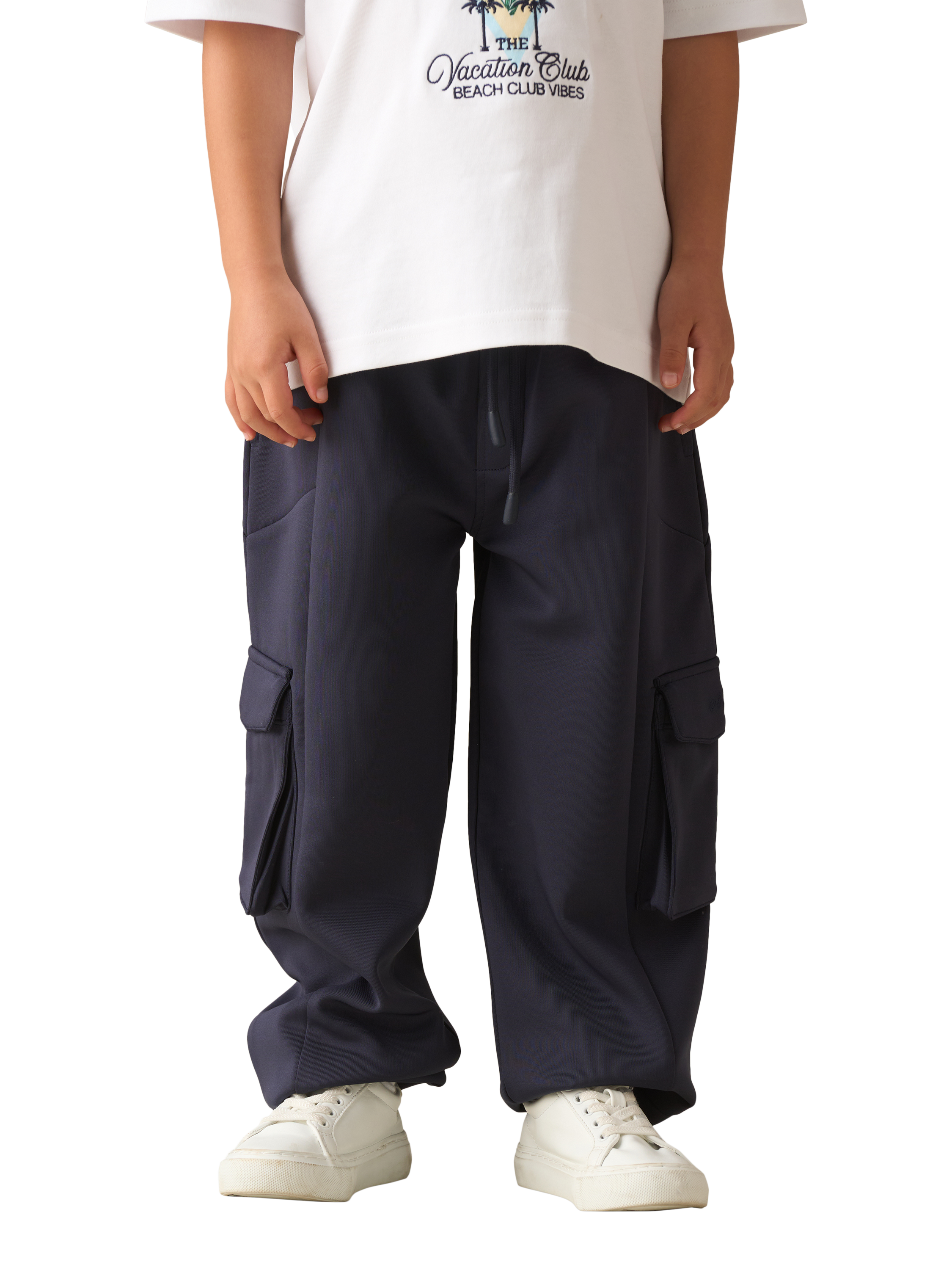 Product image 4 of 7, which shows Angel & Rocket Kids' Panelled Drawstring Joggers, Navy, 3 years