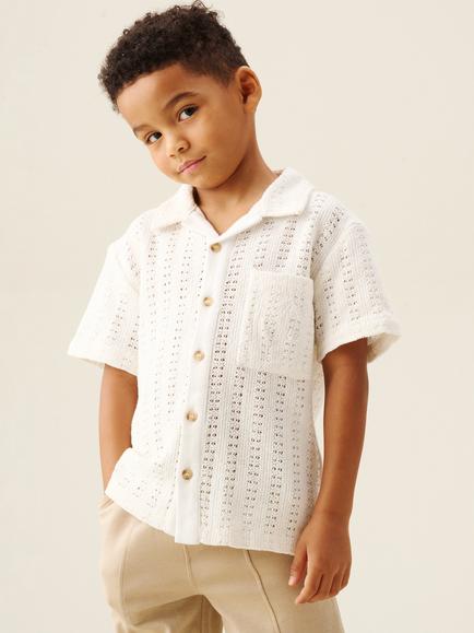 Angel & Rocket Kids' Cotton Crochet Print Embroidered Shirt, Cream