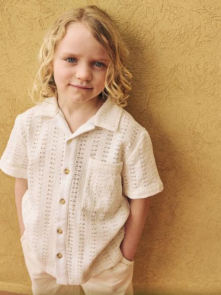 Angel & Rocket Kids' Cotton Crochet Print Embroidered Shirt - view 2, Cream