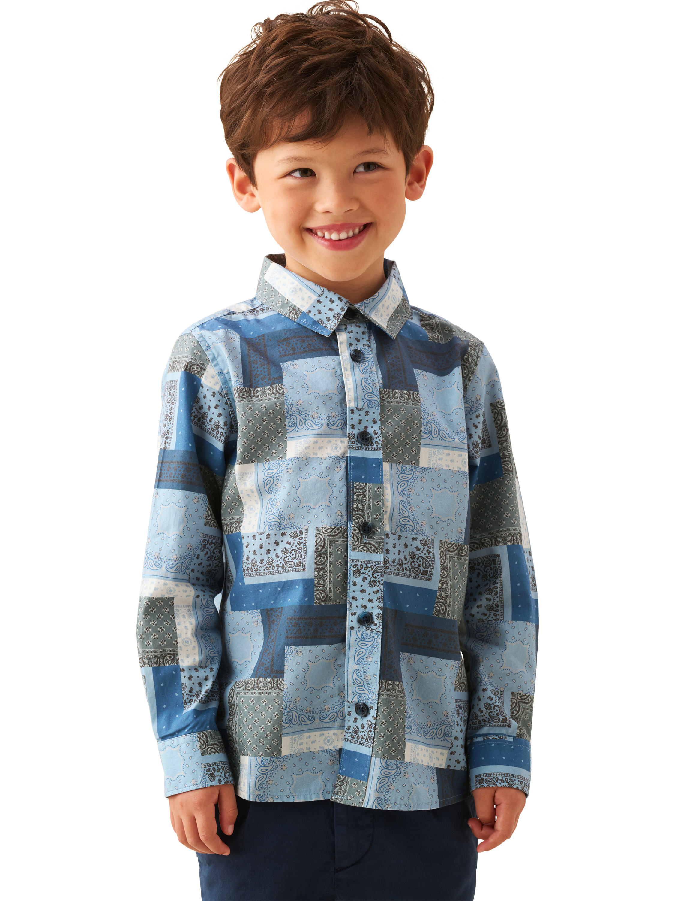 Product image 1 of 5, which shows Angel & Rocket Kids' Printed Chambray Shirt, Blue, 3 years