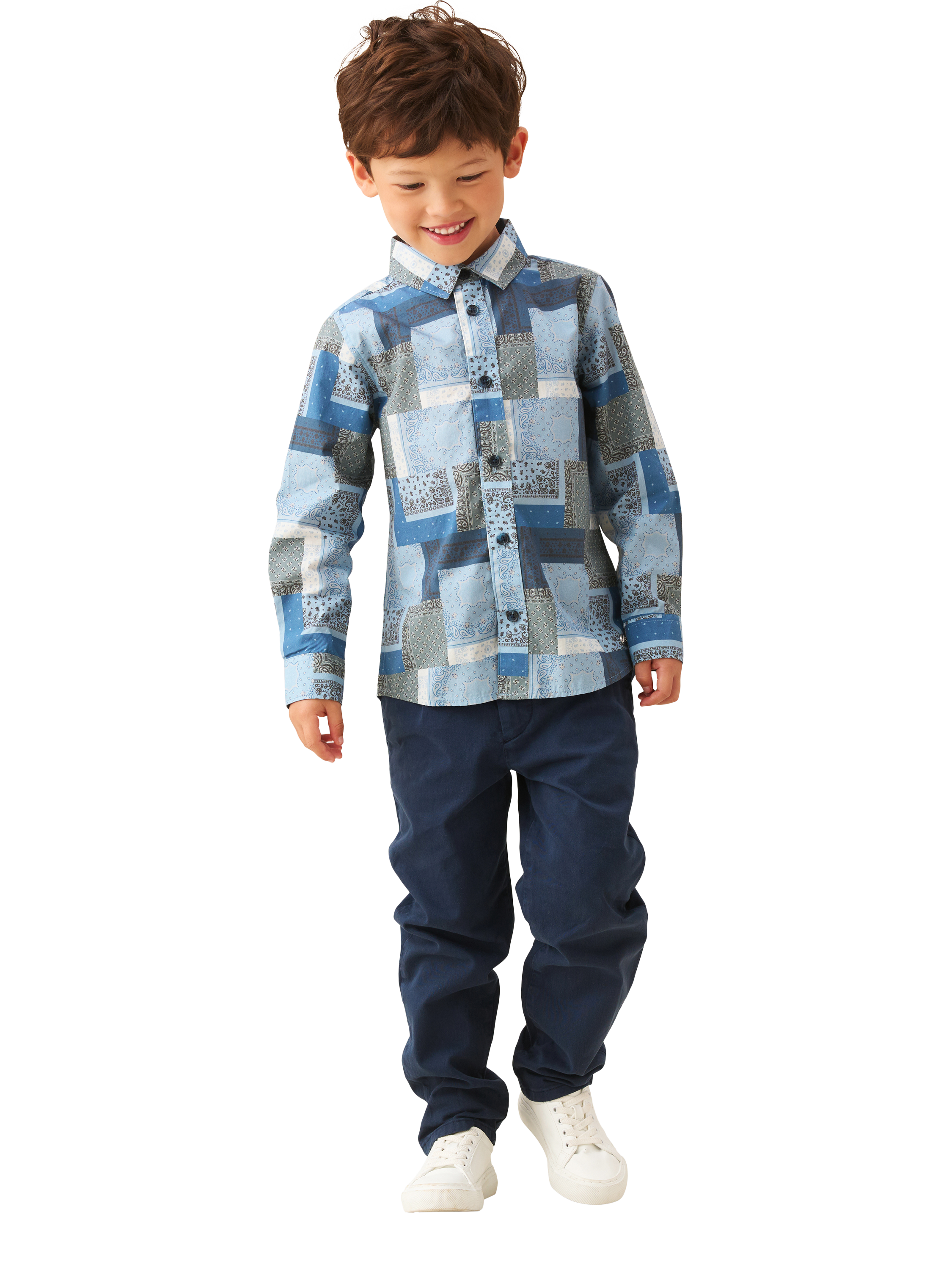 Product image 2 of 5, which shows Angel & Rocket Kids' Printed Chambray Shirt, Blue, 3 years